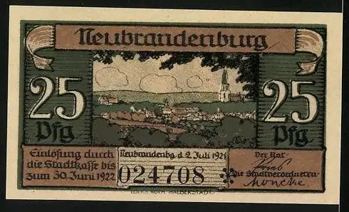 Notgeld Neubrandenburg 1921, 25 Pfennig, Kirche und Mauer