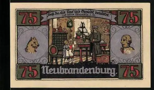 Notgeld Neubrandenburg 1921, 75 Pfennig, Vater mit seinen Kindern zu Hause, Fritz Reuter im Ratskeller