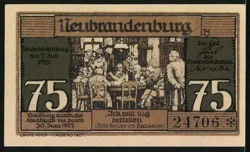 Notgeld Neubrandenburg 1921, 75 Pfennig, Vater mit seinen Kindern zu Hause, Fritz Reuter im Ratskeller