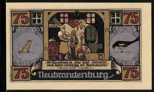 Notgeld Neubrandenburg 1921, 75 Pfennig, Schmied und Lehrling, Fritz Reuter im Ratskeller