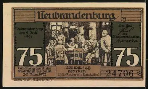 Notgeld Neubrandenburg 1921, 75 Pfennig, Schmied und Lehrling, Fritz Reuter im Ratskeller