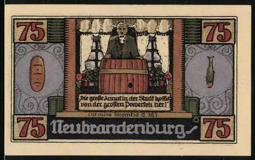 Notgeld Neubrandenburg 1921, 75 Pfennig, Redner auf der Kanzel, Fritz Reuter im Ratskeller