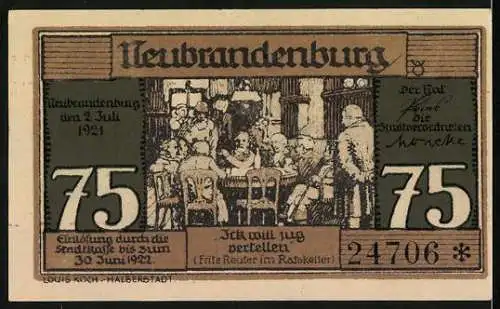 Notgeld Neubrandenburg 1921, 75 Pfennig, Redner auf der Kanzel, Fritz Reuter im Ratskeller