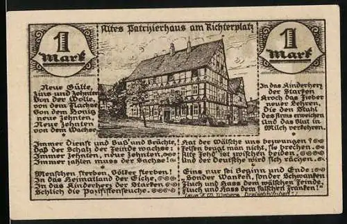 Notgeld Nieheim i. Westf. 1921, 1 Mark, Altes Patrizierhaus am Richterplatz