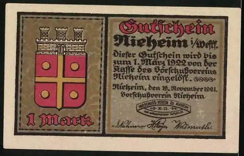 Notgeld Nieheim i. Westf. 1921, 1 Mark, Altes Patrizierhaus am Richterplatz