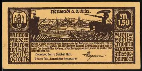 Notgeld Neustadt a. d. Orla 1921, 1,50 Mark, Teilansicht und Reiter mit Schwert