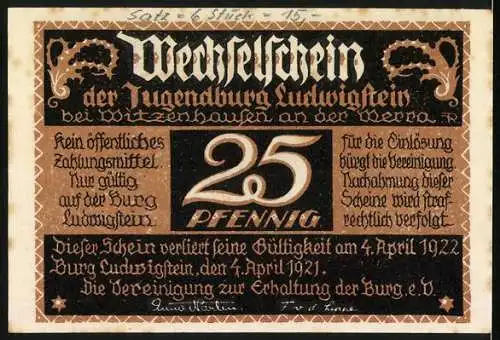 Notgeld Witzenhausen /Werra 1922, Jugendburg Ludwigstein, 25 Pfennig, Neidkopf, Ornamente