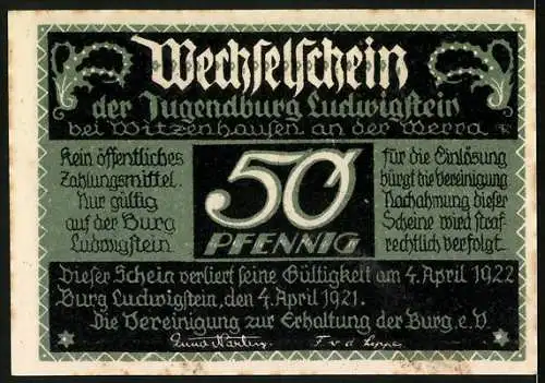 Notgeld Witzenhausen /Werra 1922, Jugendburg Ludwigstein, 50 Pfennig, Burg, Ornamente, Ritter-Aufmarsch