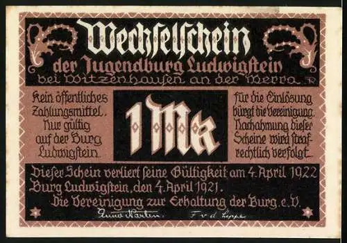 Notgeld Witzenhausen /Werra 1922, Jugendburg Ludwigstein, 1 Mark, Burg mit Umgebung, Ornamente, Musik-Aufmarsch