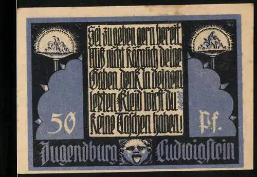 Notgeld Witzenhausen /Werra 1922, Jugendburg Ludwigstein, 50 Pfennig, Ornamente, Feuerschalen, Kopf