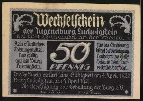 Notgeld Witzenhausen /Werra 1922, Jugendburg Ludwigstein, 50 Pfennig, Ornamente, Feuerschalen, Kopf