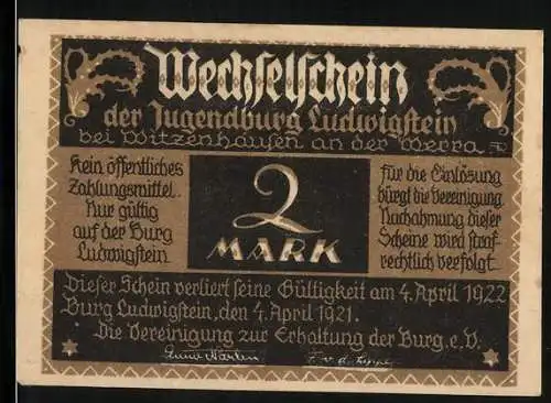 Notgeld Witzenhausen /Werra 1922, Jugendburg Ludwigstein, 2 Mark, Jüngling vor der Burg, Fahnenzug