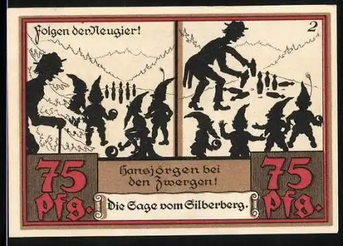 Notgeld Wünschendorf a. d. Elster 1921, 75 Pfennig, Wappen, Sage vom Silberberg: Hansjörgen bei den Zwergen