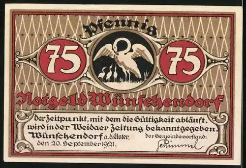 Notgeld Wünschendorf a. d. Elster 1921, 75 Pfennig, Wappen, Sage vom Silberberg: Hansjörgen bei den Zwergen