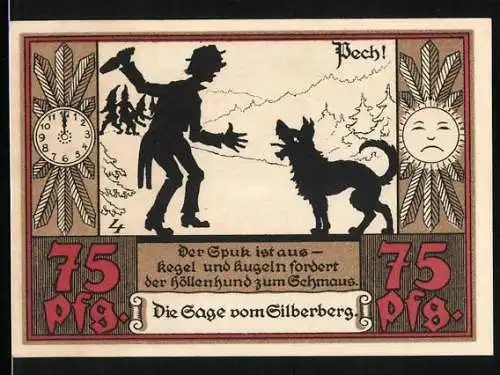 Notgeld Wünschendorf a. d. Elster 1921, 75 Pfennig, Wappen, Sage vom Silberberg: Der Spuk ist aus