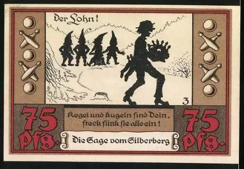 Notgeld Wünschendorf a. d. Elster 1921, 75 Pfennig, Wappen, Sage vom Silberberg: Kegel und Kugeln sind Dein