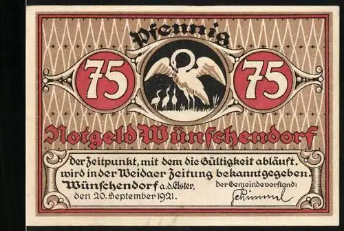 Notgeld Wünschendorf a. d. Elster 1921, 75 Pfennig, Wappen, Sage vom Silberberg: Hansjörgen Kühlmorgen