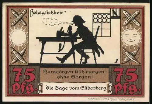 Notgeld Wünschendorf a. d. Elster 1921, 75 Pfennig, Wappen, Sage vom Silberberg: Hansjörgen Kühlmorgen