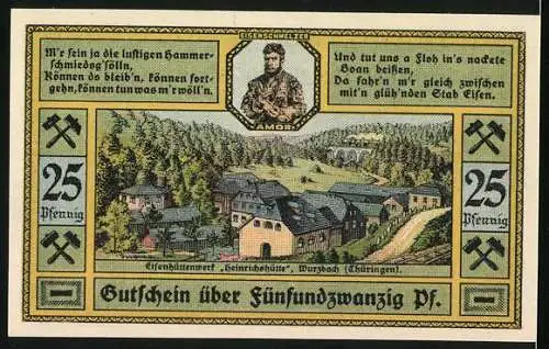 Notgeld Wurzbach /Th. 1921, 25 Pfennig, Wappen, Heinrichshütte, Eisenschmelzer Amor