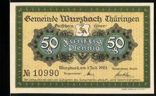 Notgeld Wurzbach /Th. 1921, 50 Pfennig, Wappen, Schieferbruch Koselstein