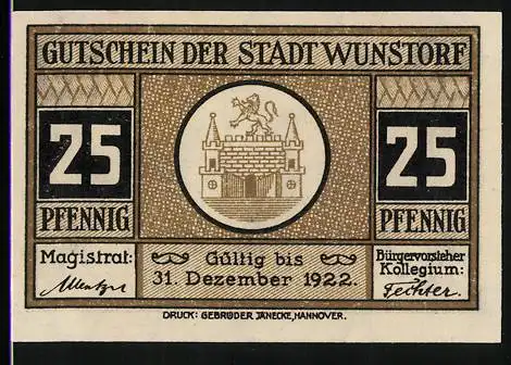Notgeld Wunstorf 1922, 25 Pfennig, Wappen, Langestrasse mit Kirche
