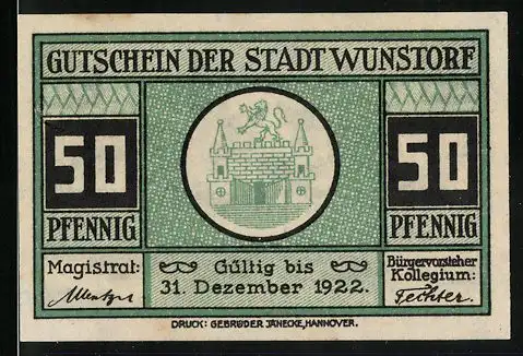 Notgeld Wunstorf 1922, 50 Pfennig, Wappen, Stiftskirche mit Umgebung
