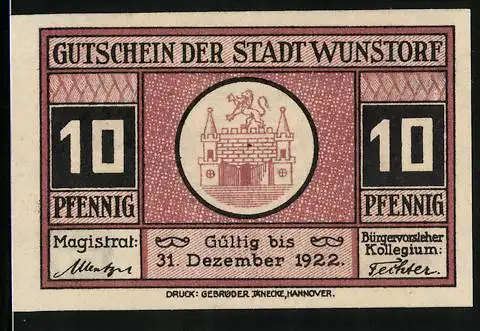 Notgeld Wunstorf 1922, 10 Pfennig, Wappen, Lehrerseminar