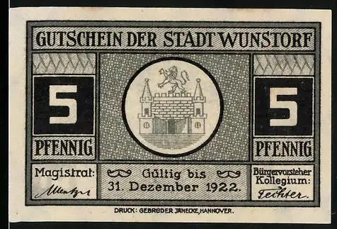 Notgeld Wunstorf 1922, 5 Pfennig, Wappen, Altes Rathaus