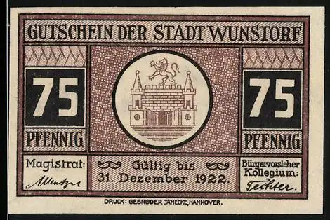Notgeld Wunstorf 1922, 75 Pfennig, Wappen, Rathaus