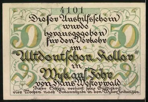 Notgeld Wyk auf Föhr, 50 Pfennig, Gasthaus Altdeutscher Keller, Bacchantische Figuren