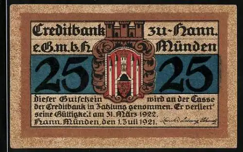 Notgeld Hann. Münden 1922, 25 Pfennig, Creditbank, Wappen, Tilly-Schanze