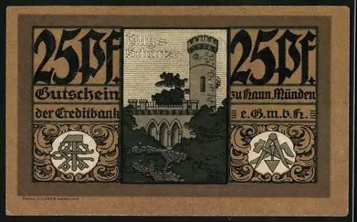 Notgeld Hann. Münden 1922, 25 Pfennig, Creditbank, Wappen, Tilly-Schanze
