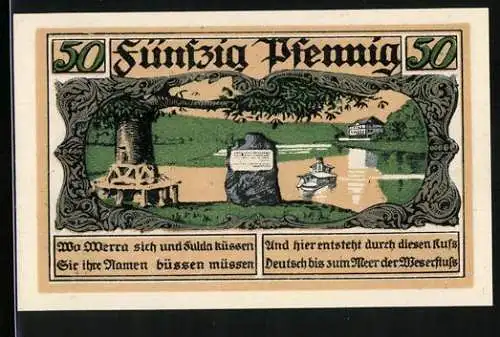 Notgeld Hann. Münden 1922, 50 Pfennig, Creditbank, Wappen, Zusammenfluss Werra und Fulda