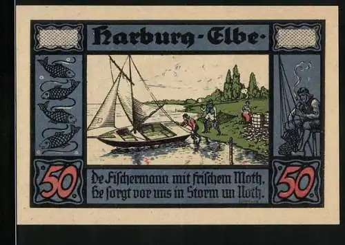 Notgeld Harburg /Elbe 1921, 50 Pfennig, Kreissparkasse, Elbfischer mit Boot, Fische