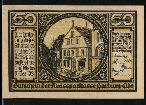 Notgeld Harburg /Elbe 1921, 50 Pfennig, Kreissparkasse, Sinstorfer Kirche, Trachten