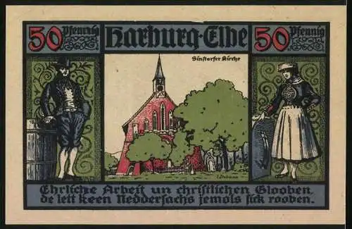 Notgeld Harburg /Elbe 1921, 50 Pfennig, Kreissparkasse, Sinstorfer Kirche, Trachten