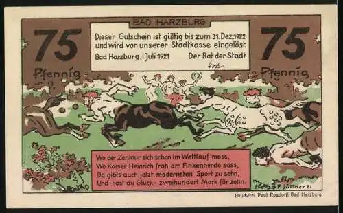 Notgeld Bad Harzburg 1921, 75 Pfennig, Harzburger Rennen mit Sieger, Bauernrennen, Zentaur beim Wettlauf