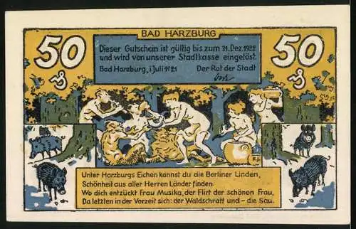 Notgeld Bad Harzburg 1921, 50 Pfennig, Festgelage mit Waldschrat, Kurhaus, Gasthaus Unter den Eichen