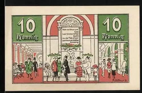 Notgeld Bad Harzburg 1921, 10 Pfennig, Tanz der Schrate, Kurgäste an der Quelle im Kurhaus