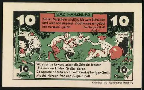 Notgeld Bad Harzburg 1921, 10 Pfennig, Tanz der Schrate, Kurgäste an der Quelle im Kurhaus