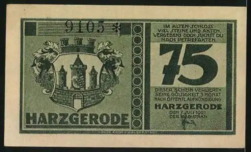 Notgeld Harzgerode 1921, 75 Pfennig, Wappen, Schloss