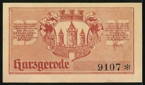 Notgeld Harzgerode 1921, 25 Pfennig, Wappen, Jungviehweide Hänichen