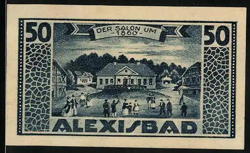 Notgeld Harzgerode 1921, 50 Pfennig, Säulen, Gebäude mit Treppenvorbau, Salon um 1860