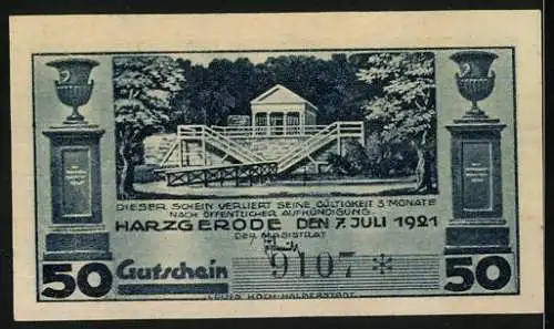 Notgeld Harzgerode 1921, 50 Pfennig, Säulen, Gebäude mit Treppenvorbau, Salon um 1860