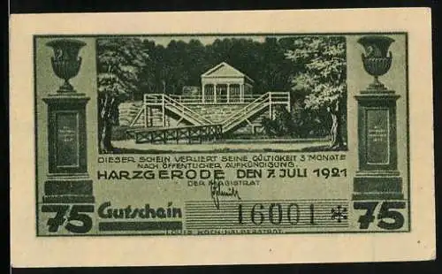 Notgeld Harzgerode 1921, 75 Pfennig, Säulen, Gebäude mit Treppenvorbau, Alexisbad aus der Vogelschau