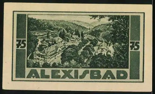 Notgeld Harzgerode 1921, 75 Pfennig, Säulen, Gebäude mit Treppenvorbau, Alexisbad aus der Vogelschau