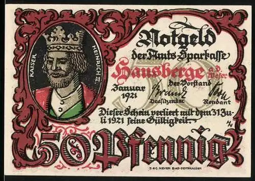 Notgeld Hausberge /Weser 1921, 50 Pfennig, Heinrich II., Haus zum Berg, Porta Westfalica