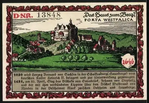 Notgeld Hausberge /Weser 1921, 50 Pfennig, Heinrich II., Haus zum Berg, Porta Westfalica