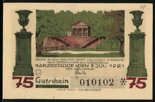 Notgeld Harzgerode 1921, 75 Pfennig, Säulen, Gebäude mit Treppenvorbau, Alexisbad von oben