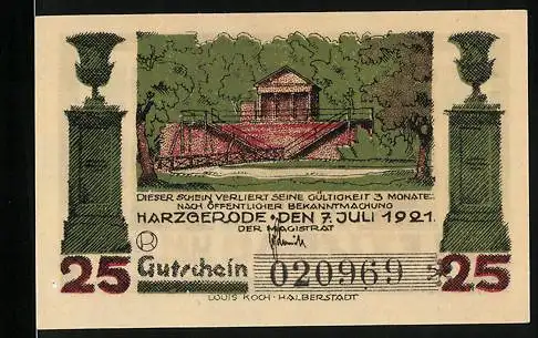 Notgeld Harzgerode 1921, 25 Pfennig, Säulen, Gebäude mit Treppenvorbau, Alexisbad um 1830